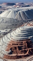 An aerial perspective of a massive open-pit mine, showcasing layered terracing and colossal spoil piles of mineral deposits