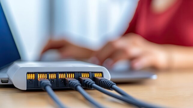 Close-up of a stylish wireless gateway and connected cables at a modern office desk, with a focused worker in a red shirt