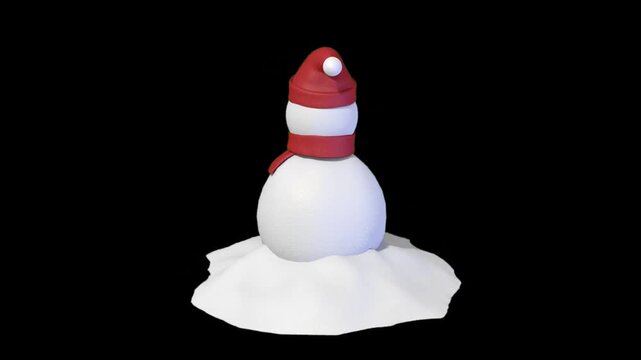 Cute 3D Snowman Character in Santa Hat Rotating on Snow with Presents