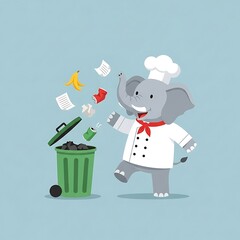 An animated elephant in a chef's uniform happily discards trash into a green bin. Debris like paper and a banana peel are airborne