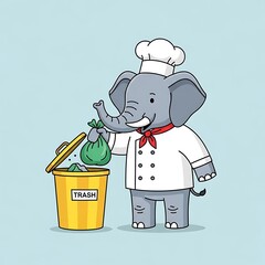 An animated elephant chef wearing a white uniform and hat throws a green bag into a yellow trash can