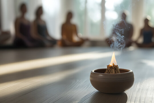 A mindful gathering unfolds with serenity as a group engages in meditation, enveloped by calming incense smoke, fostering inner peace and collective harmony. Focused wellness.