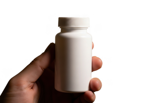 Hand holding a small white pill bottle with a ribbed cap isolated on transparent background