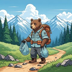 An anthropomorphic bear hikes through a mountain path, holding bags, with backpack, trees, mountains, blue sky, and clouds