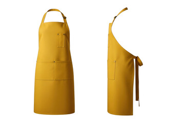 Two views of a yellow canvas apron with pockets isolated on transparent background