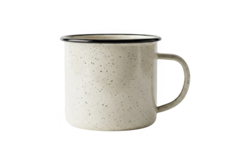 A speckled enamel camping mug with a black rim isolated on transparent background
