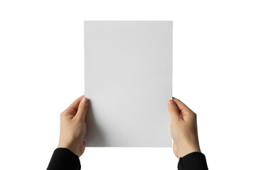 Hands holding a blank white paper isolated on transparent background