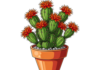 Vibrant green cactus with bright orange flowers blooming in a terracotta pot isolated on transparent background