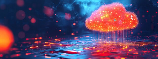 A glowing red cloud with digital circuit patterns and neon blue lines, symbolizing cloud computing