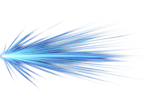 Abstract blue light streaks emanating from a bright point of light creating a dynamic burst effect isolated on transparent background