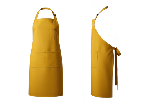 Two views of a yellow canvas apron with pockets isolated on transparent background