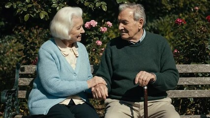 Elderly Couple Sharing Affectionate Moment on Park Bench Hand in Hand Wearing Blue Sweater in Garden with Red Roses Sunny Day - Powered by Adobe