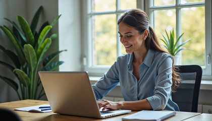 Woman Engaged in Online Learning at Desk with Laptop and Indoor Plants for E-learning Websites, Educational Blogs, and Remote Work Resources