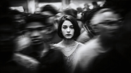 A solitary woman in the middle of a crowd, a black and white portrait emphasizing her isolation. The woman stands out amidst the blur of the busy street.