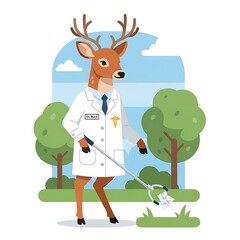 An anthropomorphic deer, dressed as a doctor, picking up litter outdoors. It?s a clean and fun illustration