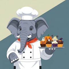 An anthropomorphic elephant, in a chef's attire, presents a tray of Halloween-themed cupcakes against a two-tone background