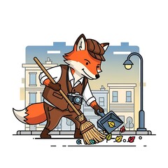 An anthropomorphic fox character, wearing a vest and hat, sweeps fallen leaves from the sidewalk with a broom