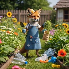 An anthropomorphic fox, dressed in gardening attire, tends a flower bed with tools, surrounded by blossoms and trash