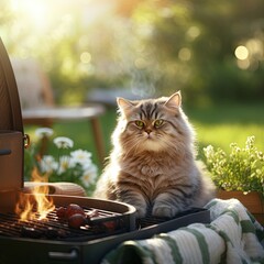 Cat near firepit in cozy backyard evening scene