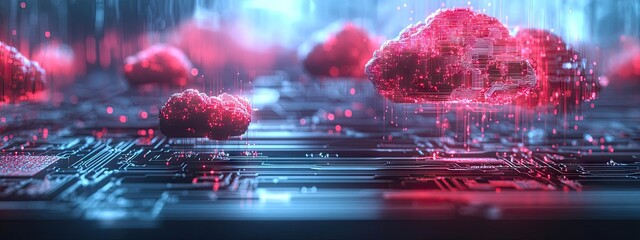 A futuristic circuit board with glowing red and blue neon lights and digital elements