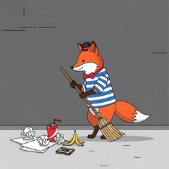 An anthropomorphic fox, dressed in nautical attire, sweeps a littered area with a broom
