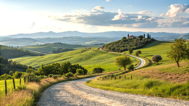Idyllic rural countryside with winding road and rolling green hills