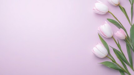 Fototapeta premium Delicate white and pink eustoma flowers gracefully arranged on a soft purple background perfect for springtime inspiration
