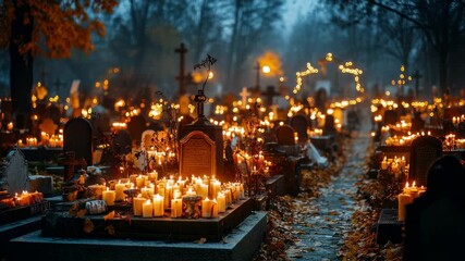 Candlelit cemetery tribute honoring departed souls on all saints day memorial celebration