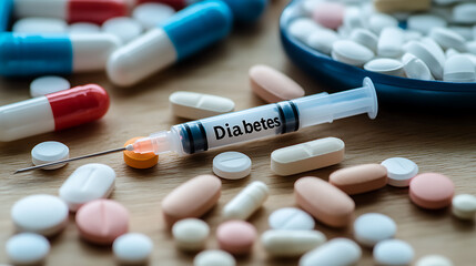 Medications and diabetes syringe on a wood table. Pills and capsules of different colors. Treatment of diabetes. Healthcare and medicine related concept. Medical still life.