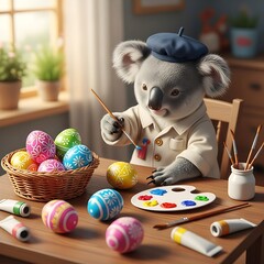 An anthropomorphic koala artist decorates Easter eggs at a wooden table, featuring paint, brushes, and a basket