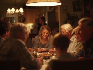 Joyful family game night around dining table, featuring multiple generations engaged in fun and laughter. warm atmosphere highlights togetherness and connection