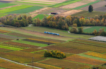 An aerial panorama view of row of vineyard in French alps in Savoie region and village while train passing surrounded with golden color trees and nature during autumn