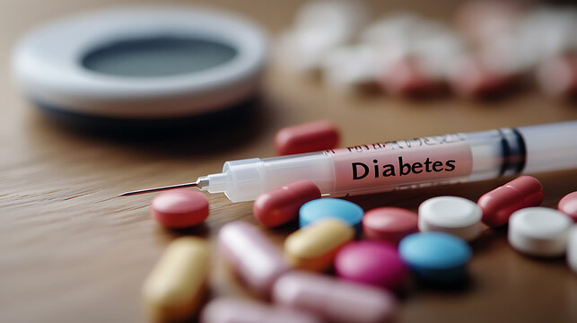 Diabetes care essentials: An insulin syringe alongside various colorful pills on a wooden surface. A blood glucose monitor is blurred in the background, symbolizing daily management.