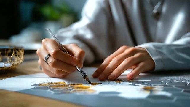 Defocused person sketching with sharp focused detailed honeycomb line art pattern with bees on paper, with copy space