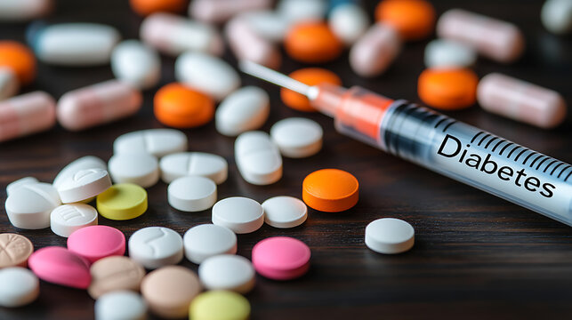 Close-up shot of an insulin syringe and colorful pills scattered on a dark wooden surface, symbolizing diabetes management through medication and injections. - Powered by Adobe