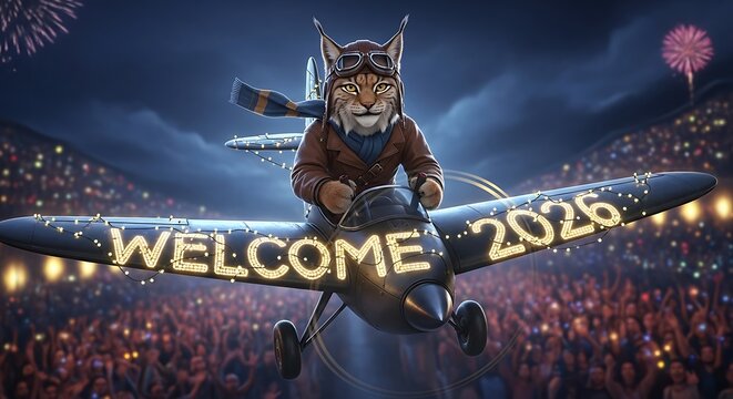 An anthropomorphic lynx pilot, clad in vintage aviator gear, soars above a cheering crowd at night, with welcoming text on the plane