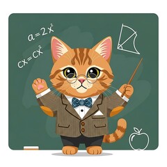 An anthropomorphic orange tabby cat with glasses and a bow tie teaches math in front of a chalkboard