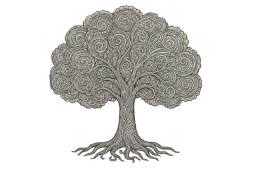 Tree of life drawing with intricate swirling branches and roots, spiritual mysticism concept, transparent background