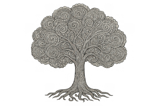 Tree of life drawing with intricate swirling branches and roots, spiritual mysticism concept, transparent background