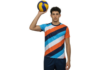 Young male volleyball player holding ball isolated on transparent background
