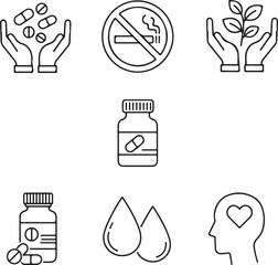 Healthcare and Wellness Icons Set pills hands