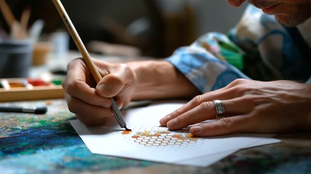 Headless shot showing artist's hands completing focused outline drawing of hexagonal wax structure with bees, with copy space