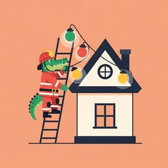 An anthropomorphic reptile in a firefighter's outfit decorates a house with string lights. It stands on a ladder next to the structure