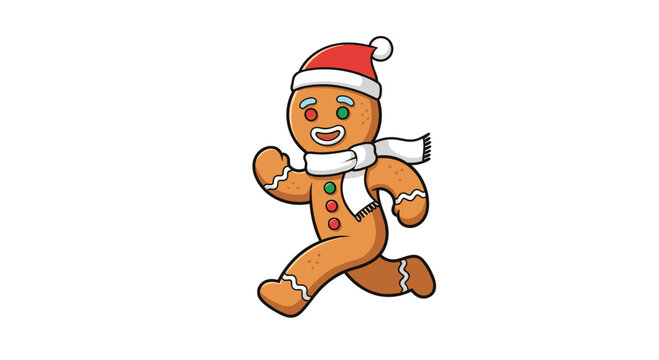 Cheerful gingerbread man running with Santa hat and scarf for holiday season promotions and baking campaigns, spreading joy and festive cheer