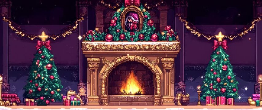 Charming Pixel Art Christmas Room with Fireplace and Decorated Trees Animation Loop