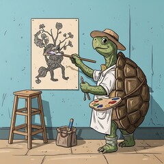 An anthropomorphic turtle artist paints a picture of a floral arrangement in an art studio, with an easel, a stool, and a bucket