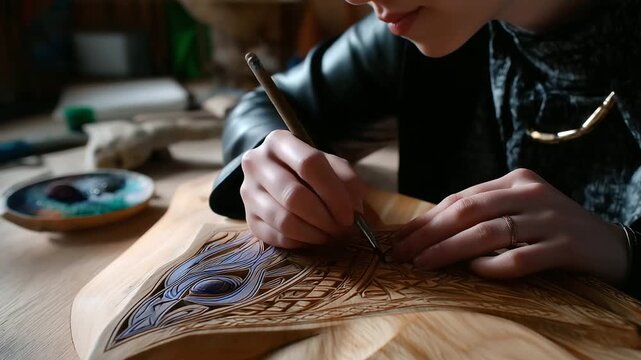 Headless shot showing artist's hands completing focused outline of dragon-headed ship front with knotwork, with copy space