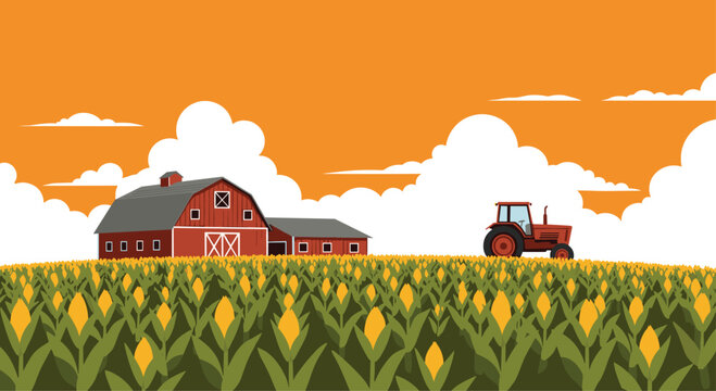 Vibrant red tractor parked beside classic barn in lush cornfield under warm orange sky with fluffy clouds
