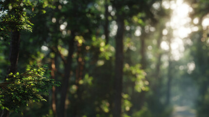 Obraz premium A tranquil forest scene with sunlight streaming through the trees, creating a sense of peace and natural beauty