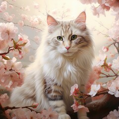 Fluffy cat surrounded by soft pink cherry petals